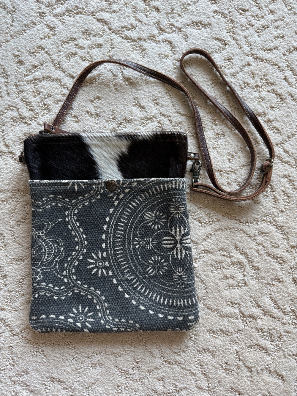Myra Small Crossbody Up-cycled Cowhide Heavy-Duty Boho Gray Brown Bag